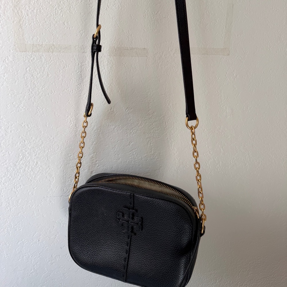 Tory Burch Black Leather Crossbody Bag with Gold Chain Strap